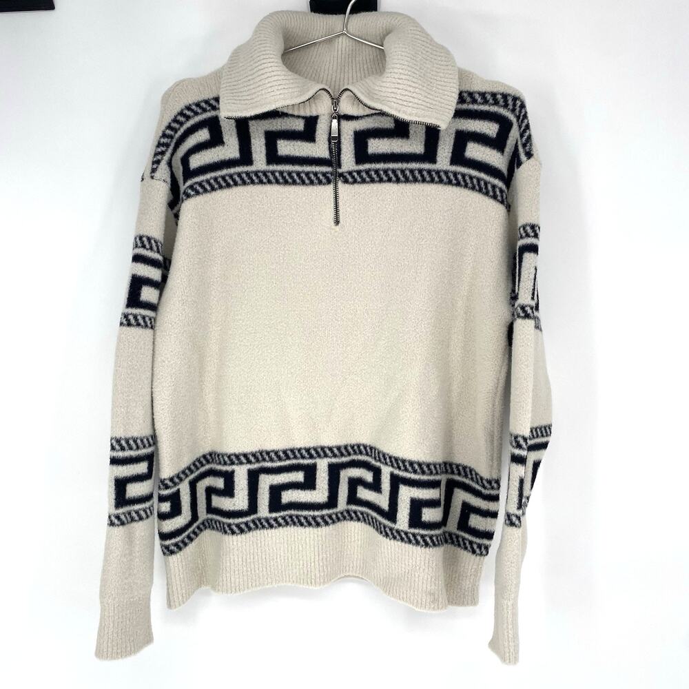 Aqua Greek Key Quarter Zip Sweater White Navy Oversized Womens Small - Picture 1 of 7
